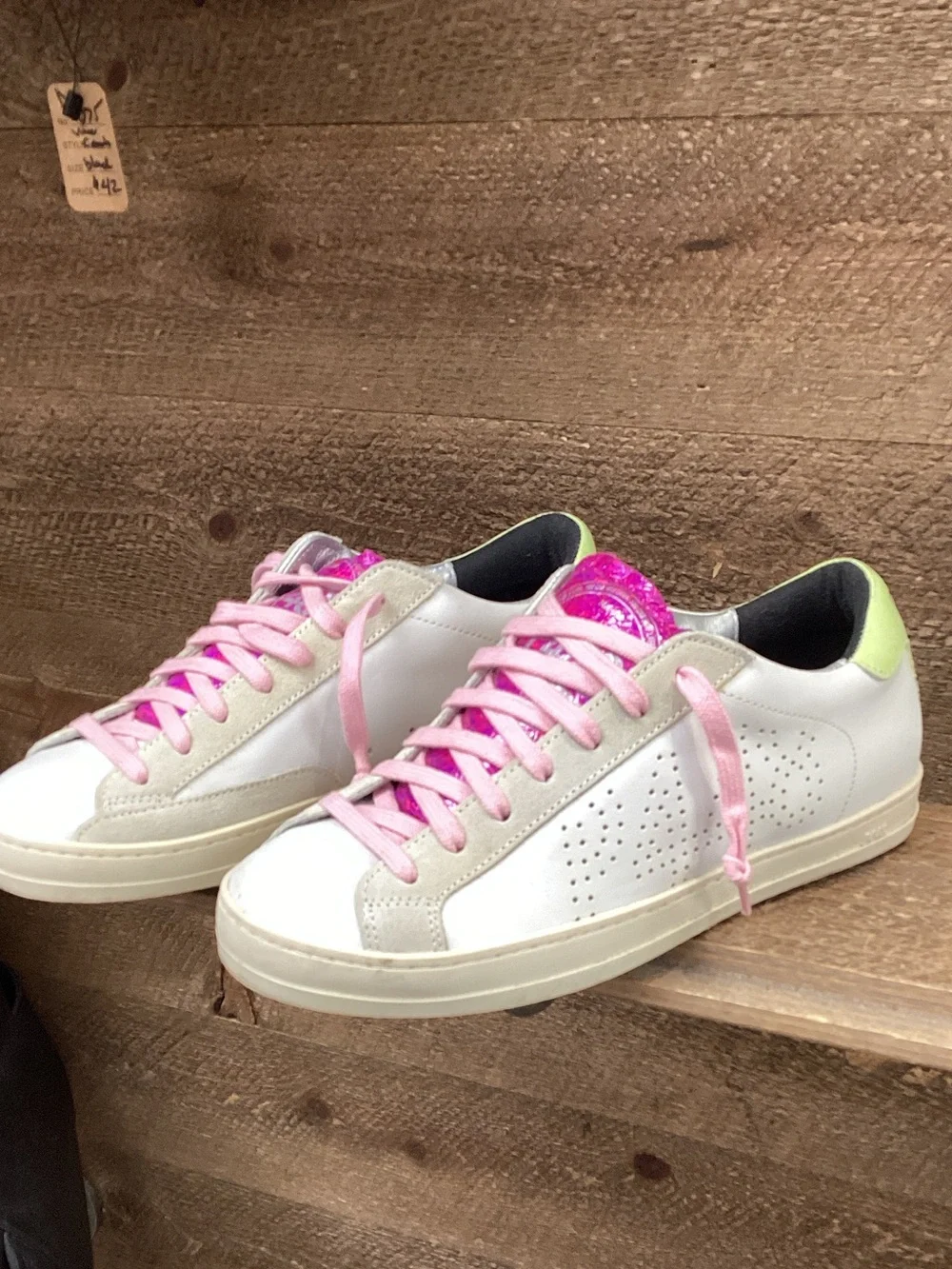 P448 White Sneakers with Pink Laces and Purple Tongue